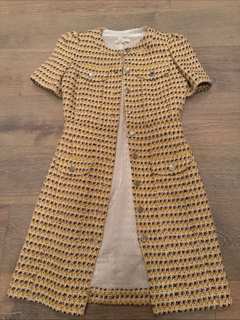 Maje Yellow Tweed Short-Sleeve Coat Dress